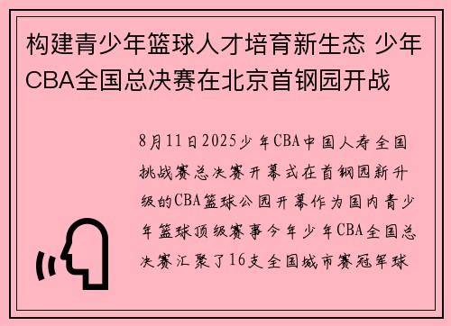构建青少年篮球人才培育新生态 少年CBA全国总决赛在北京首钢园开战